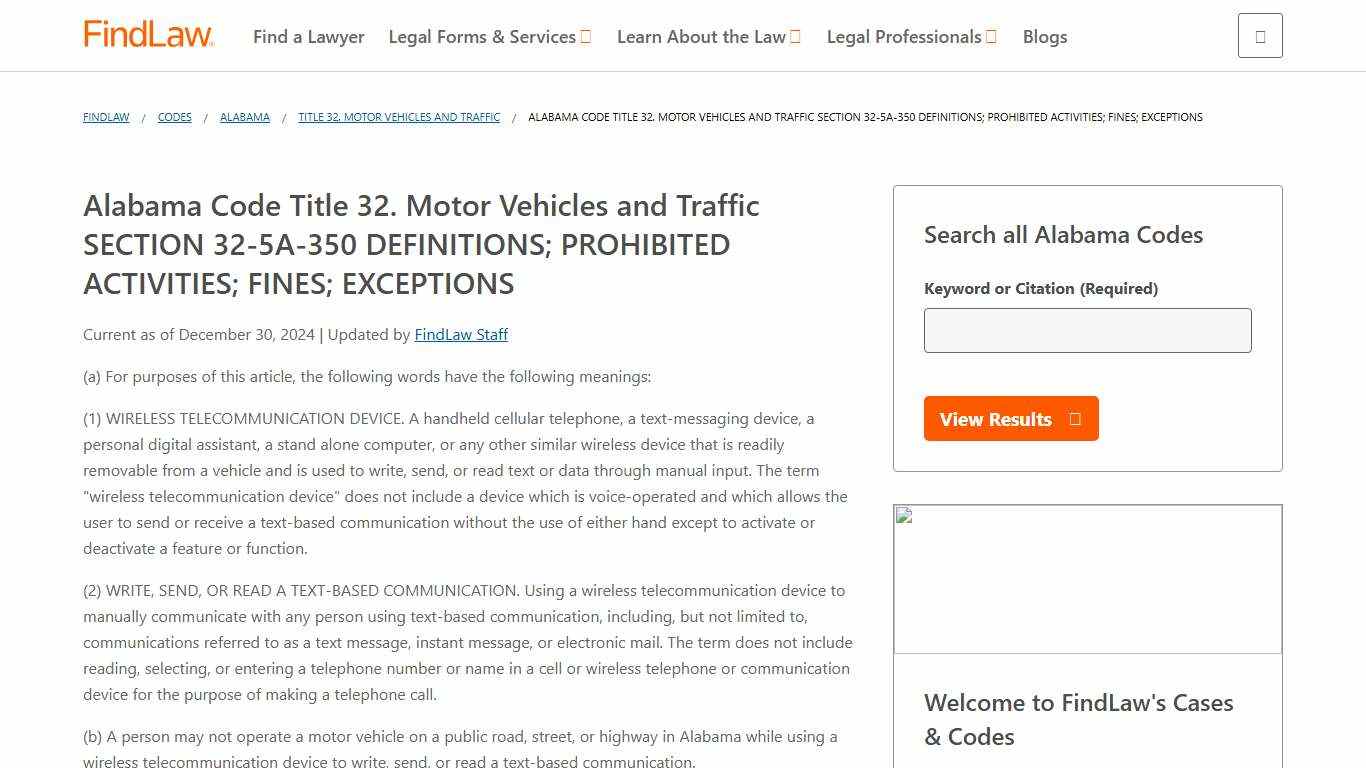 Alabama Code Title 32. Motor Vehicles and Traffic SECTION 32-5A-350 DEFINITIONS; PROHIBITED ACTIVITIES; FINES; EXCEPTIONS | FindLaw
